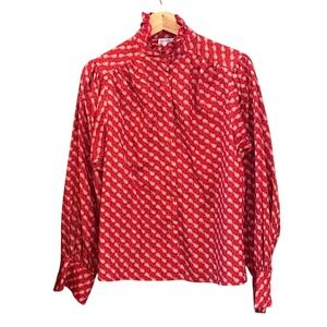 80s College Town Blouse Paisley Ruffle Neck Secretary Vintage Red Top